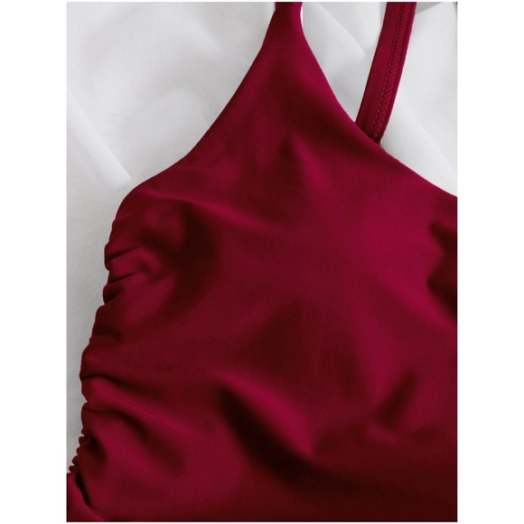 Red One Shoulder Tie Side Cheeky One Piece Monokini Swim - Picture 5 of 9